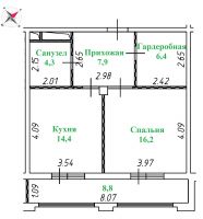 1-комнатная, квартира, 49.2 м²